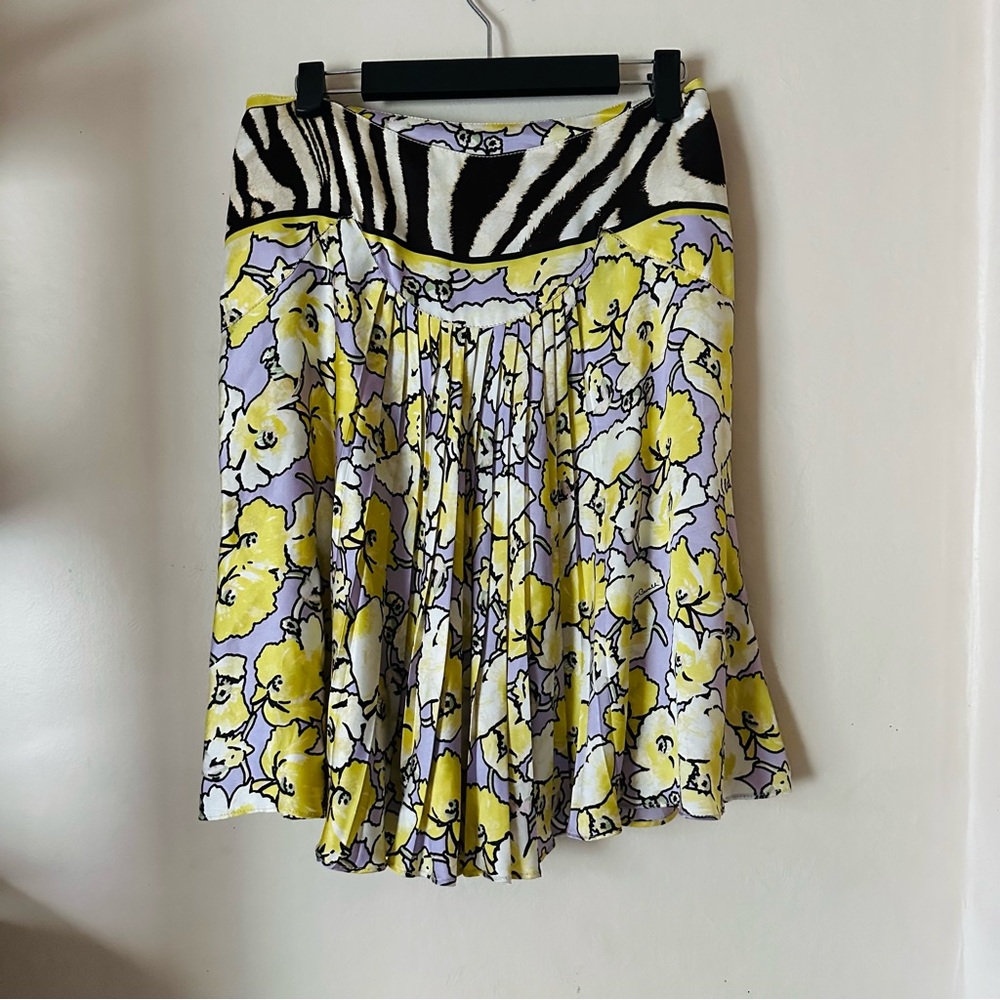 ROBERTO CAVALLI Authentic Zebra Yellow Poppy Silk Pleated Skirt 10